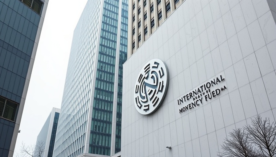 Modern IMF building with logo, reflecting tariff risks theme.