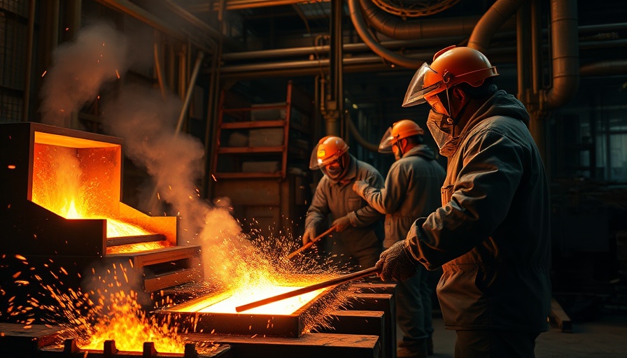 Industrial workers managing molten metal in a vibrant factory setting.