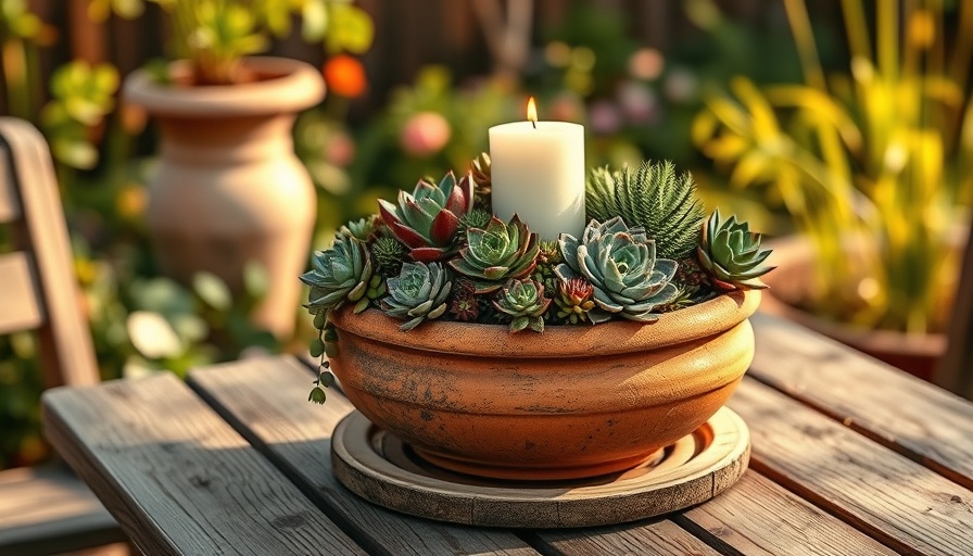 DIY terracotta pot succulent centerpiece with candle in garden.