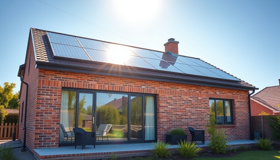 Brick house with solar panels on roof, bright day.
