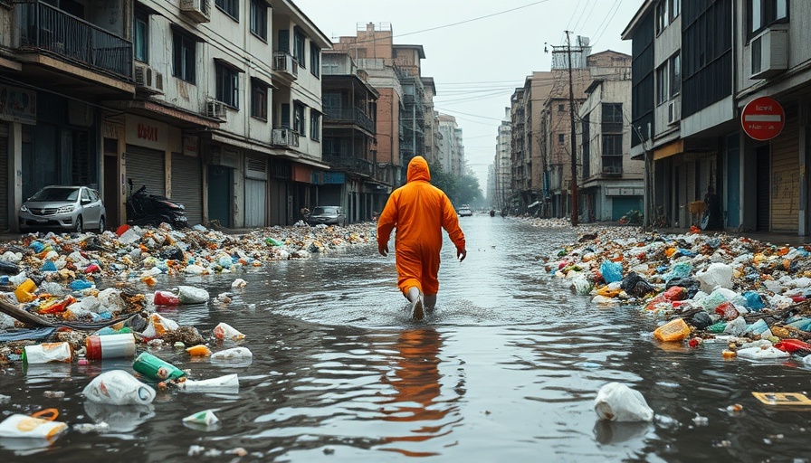 Flooded street in Asia illustrating global plastic waste issue.