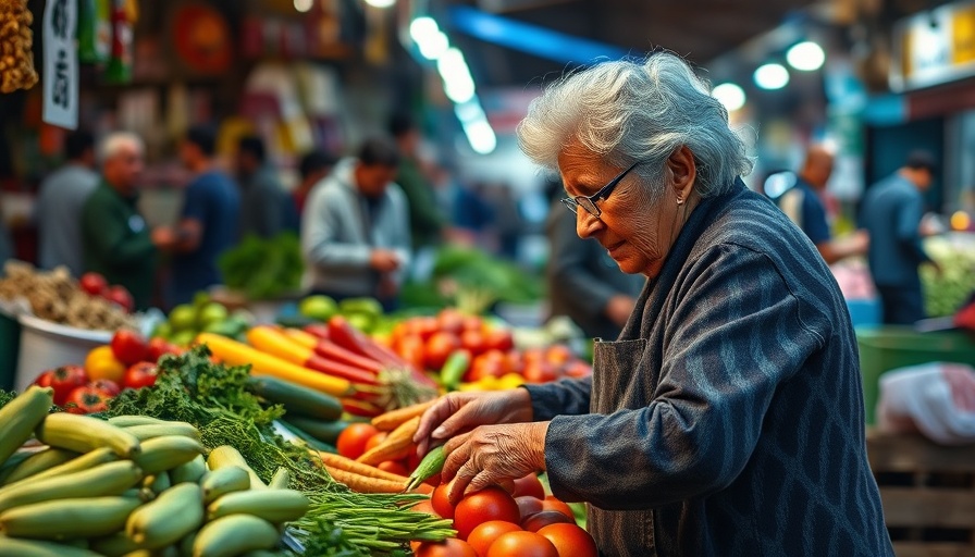 Market scene highlighting rise of global food insecurity, elderly vendor with fresh produce.