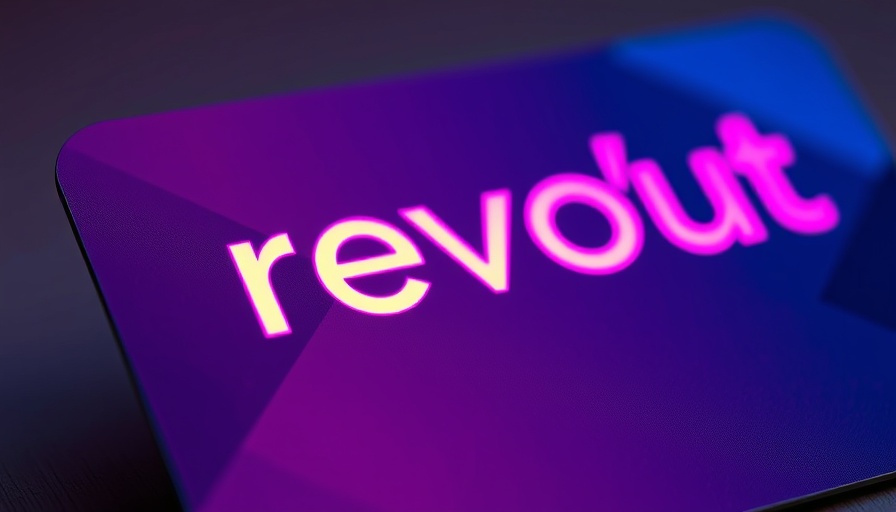 Close-up of Revolut card in neon pink and blue light.