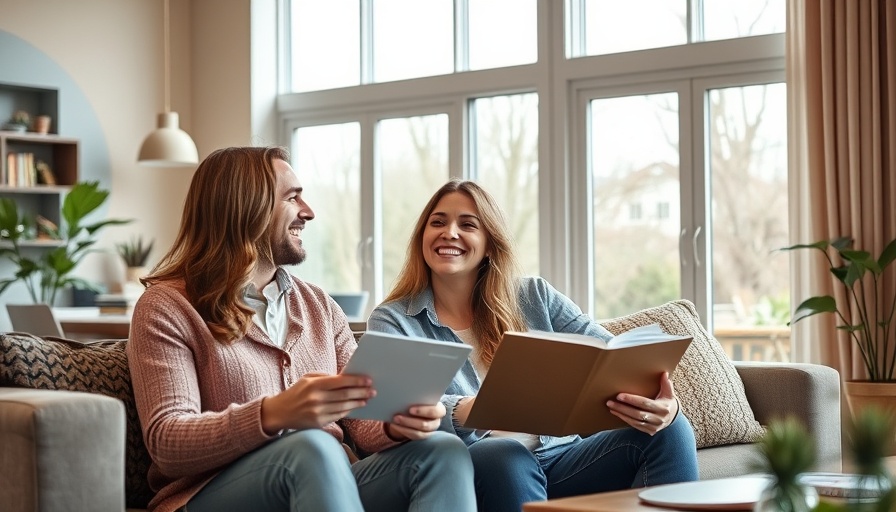 Cheerful couple discussing finances in a modern living room.