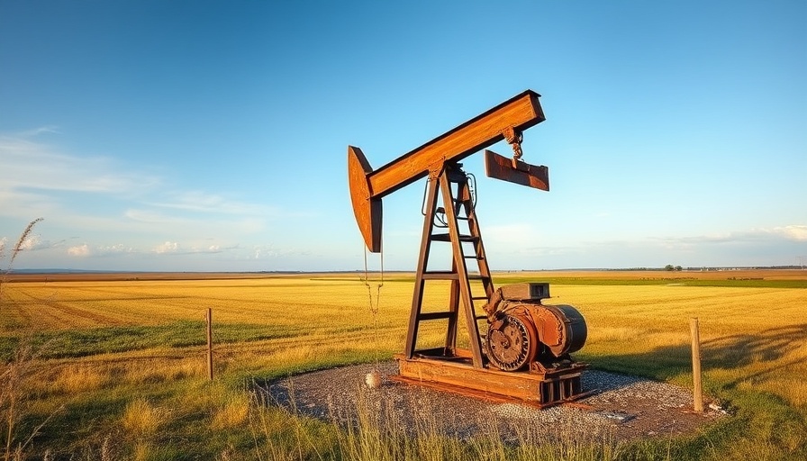 Rural oil pump jack under blue sky reflecting oil prices falling.