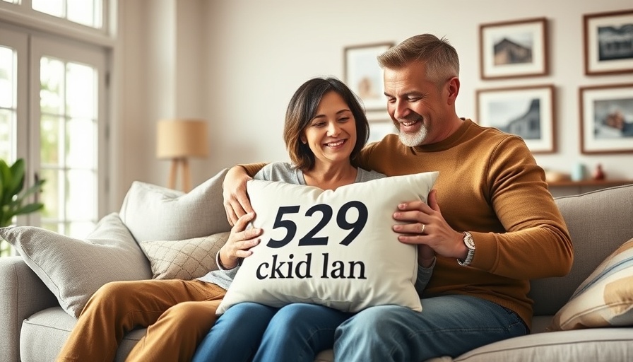 Family discussing saving for college with '529 plan' cushion on couch.