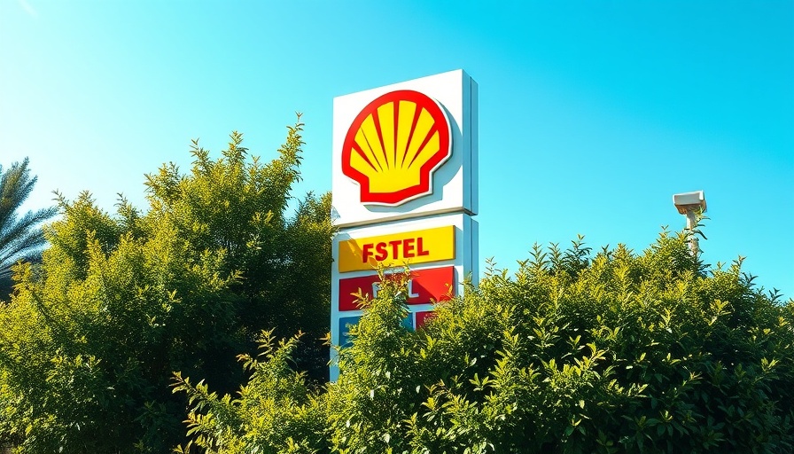 Shell profits decline illustrated by fuel station sign with logo and greenery.