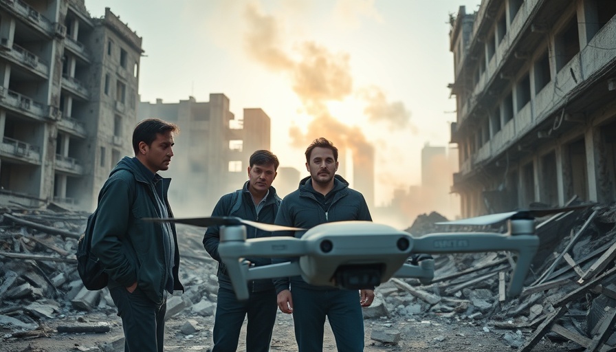 Kyiv drone assault impact: concerned people amid building ruins.