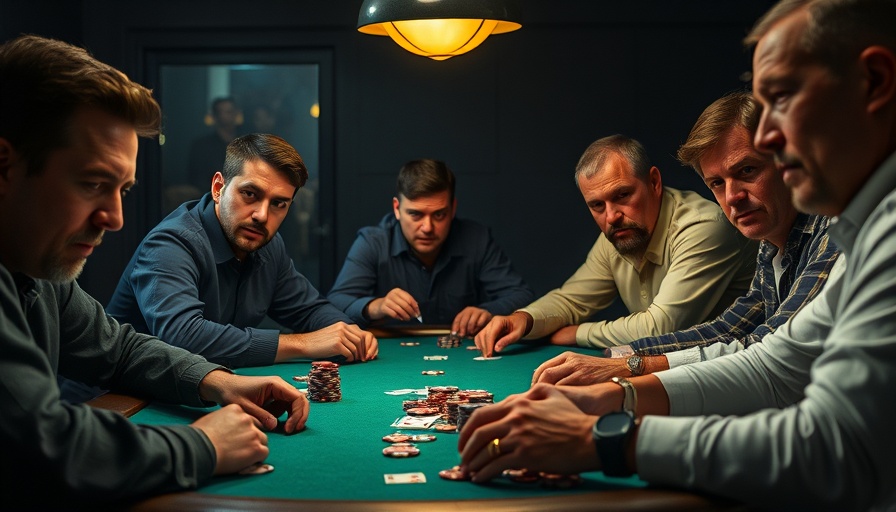 Poker game with intense players at green felt table.