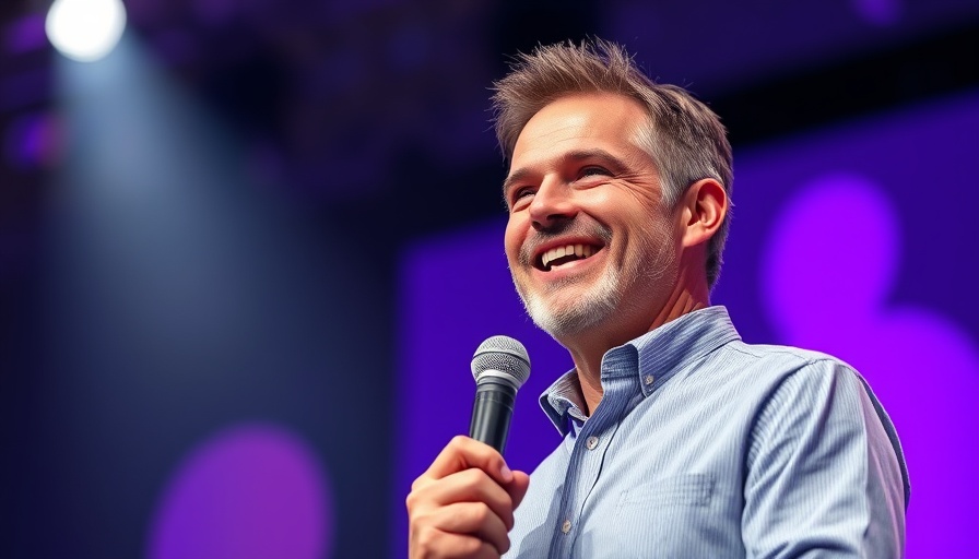 Joyful man speaking about positive attitude in job market.