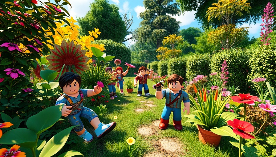 Roblox characters tending a garden in a colorful virtual world.