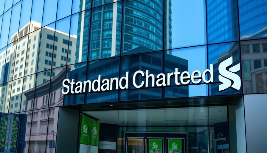 Standard Chartered building logo reflecting urban environment, stock market news.