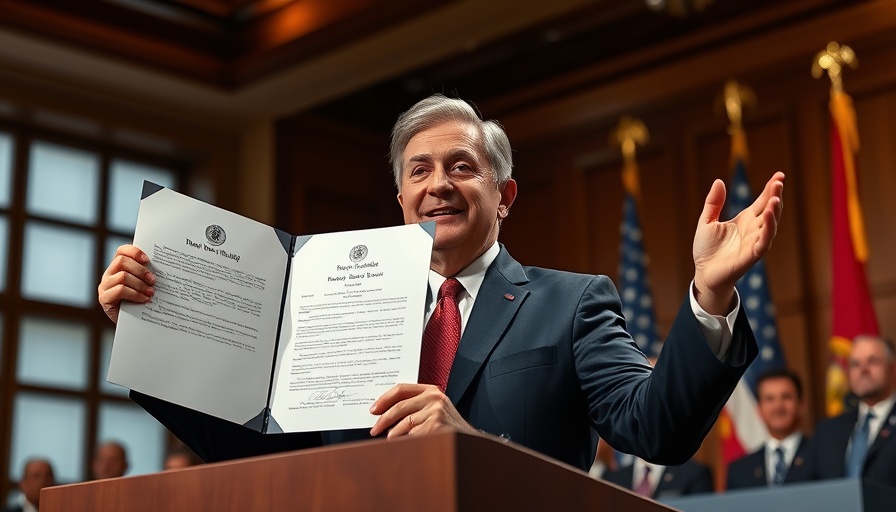 Who benefits from the AI boom: political figure showcasing signed document, formal setting