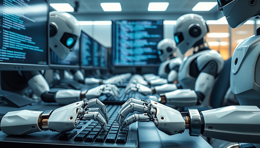 Futuristic robots in a tech office shipping buggy code, ambient lighting.
