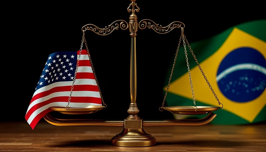 Abstract representation of Trump tariffs on Brazil with US-Brazil flags.