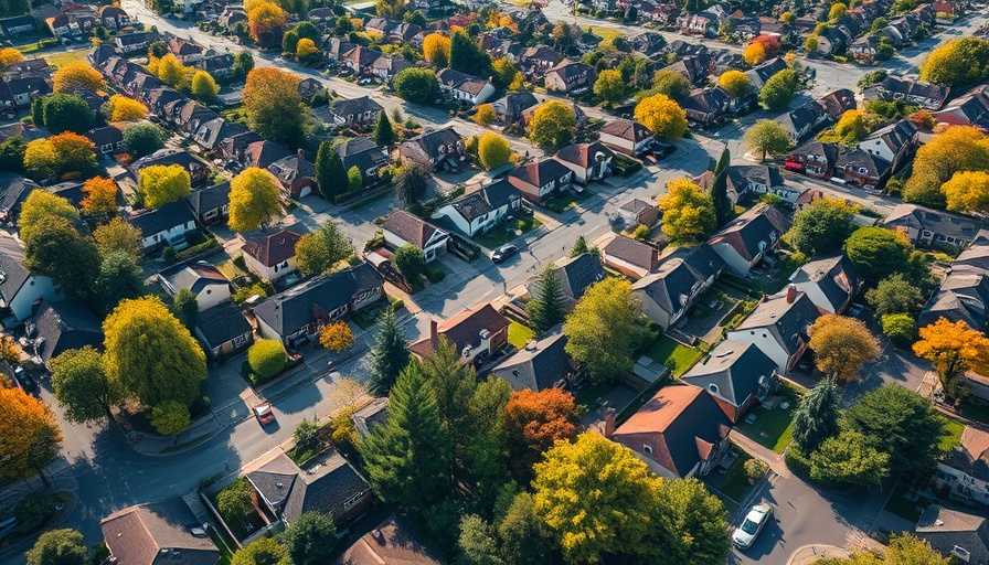Aerial view of suburban neighborhood for selling property.