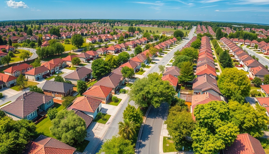 Aerial view of master-planned communities with uniform houses and streets.