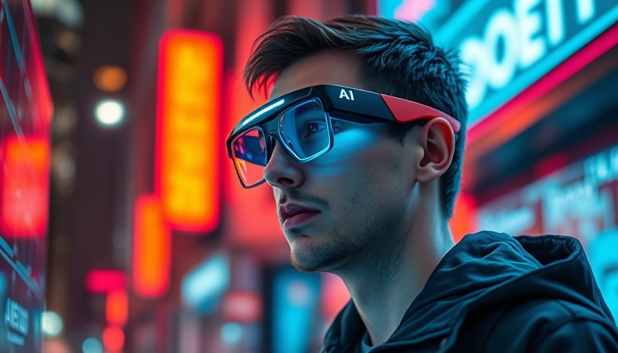 Futuristic person with AI glasses interacting in neon-lit city.