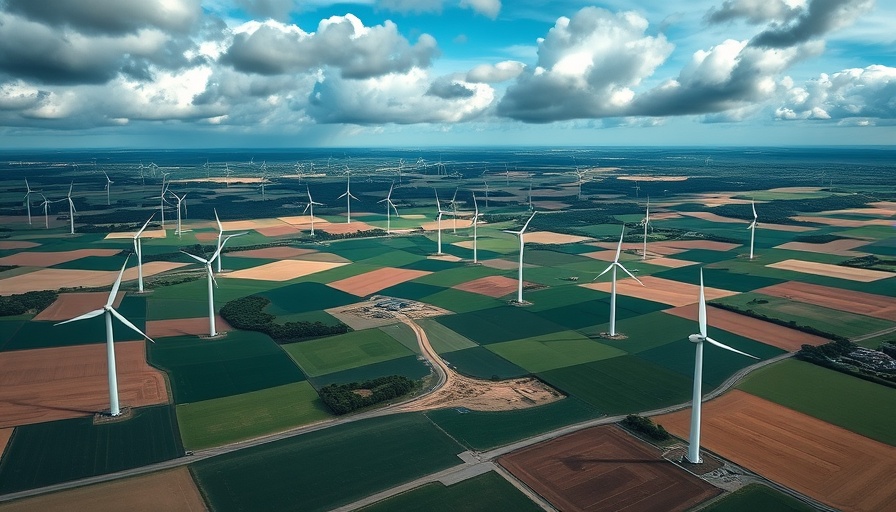 Aerial view of wind turbines in a field representing renewable energy.