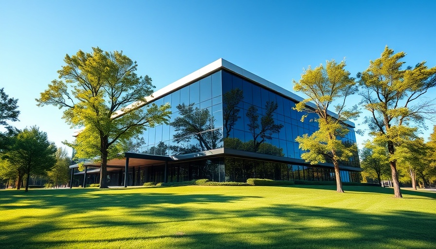 Modern office facade suggesting corporate secrecy, trees, blue sky.