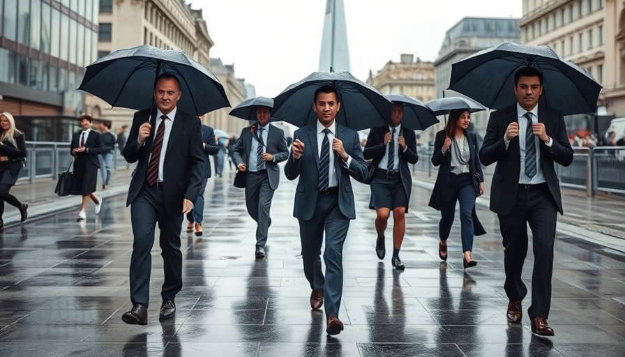 UK business leaders with umbrellas, rainy economic outlook in London