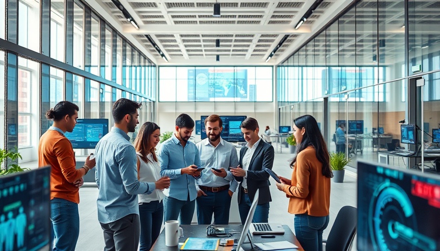 AI in workplace enhancements, team using tech in modern office.