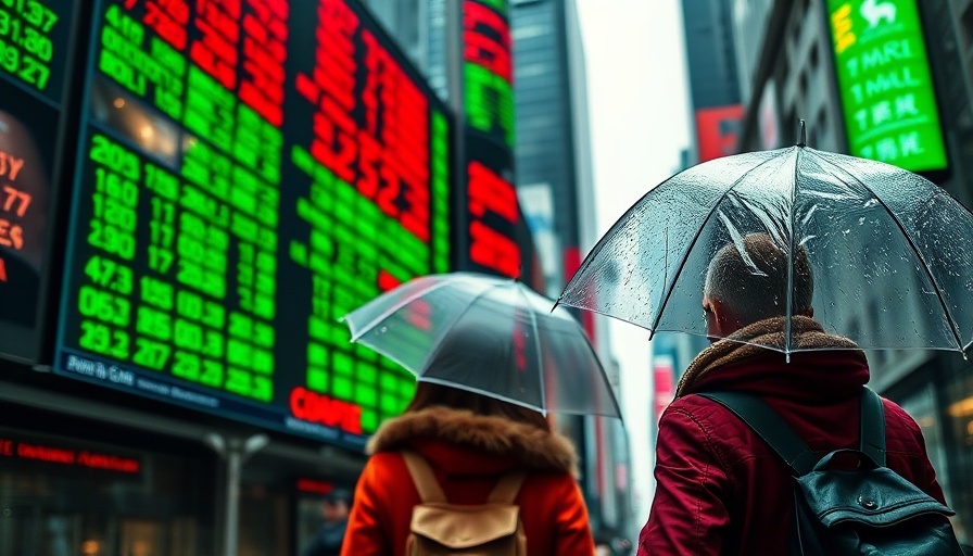 People with umbrellas in front of Asian stock market news board.