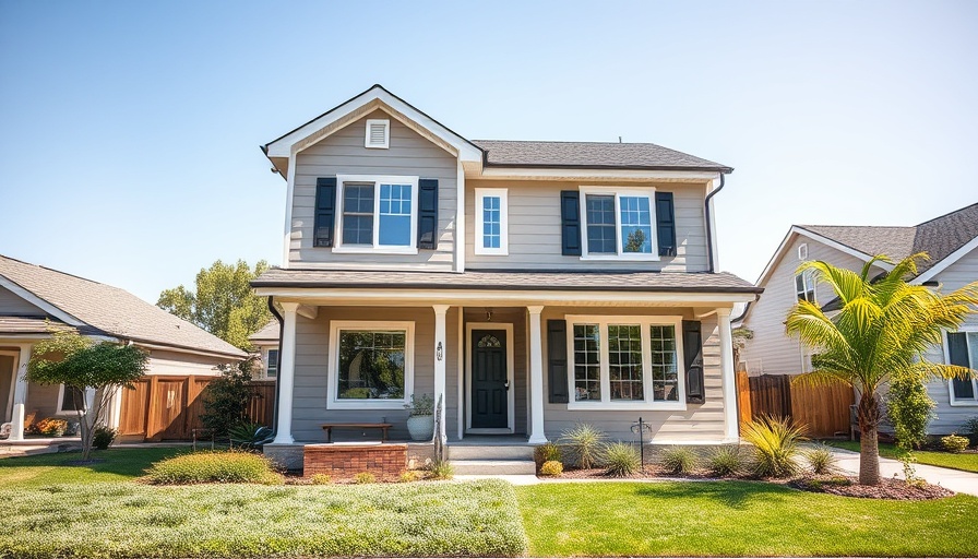 Modern home exterior in a sunny neighborhood, ideal for first-time homebuyer tips.