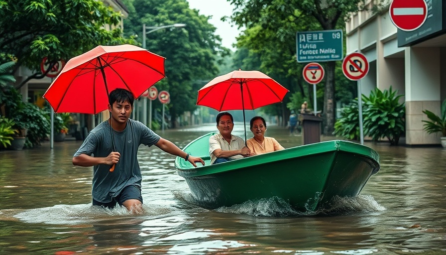 Climate change impact: man wading through floodwaters pushing a boat.