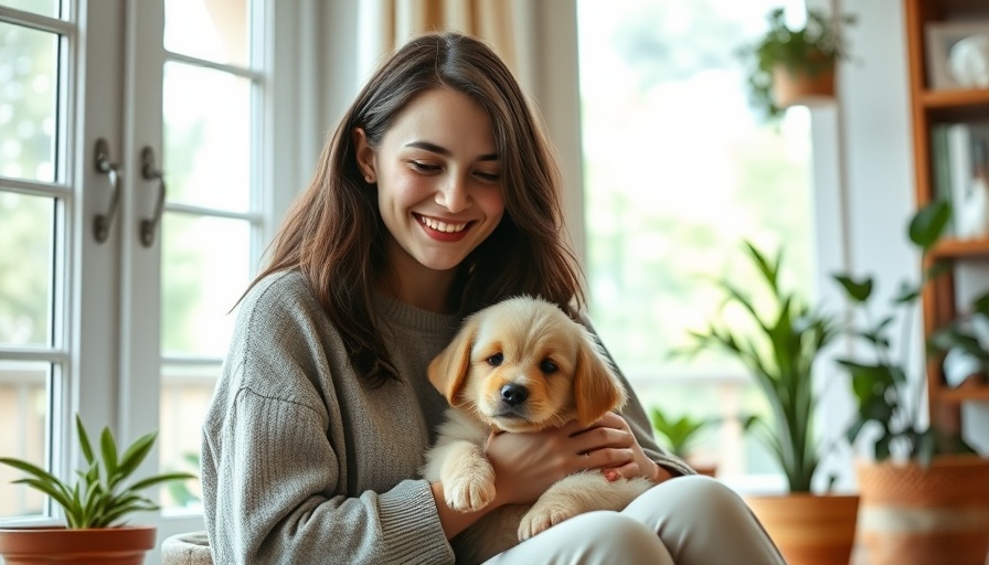 Warmhearted young woman with puppy, cozy home setting.