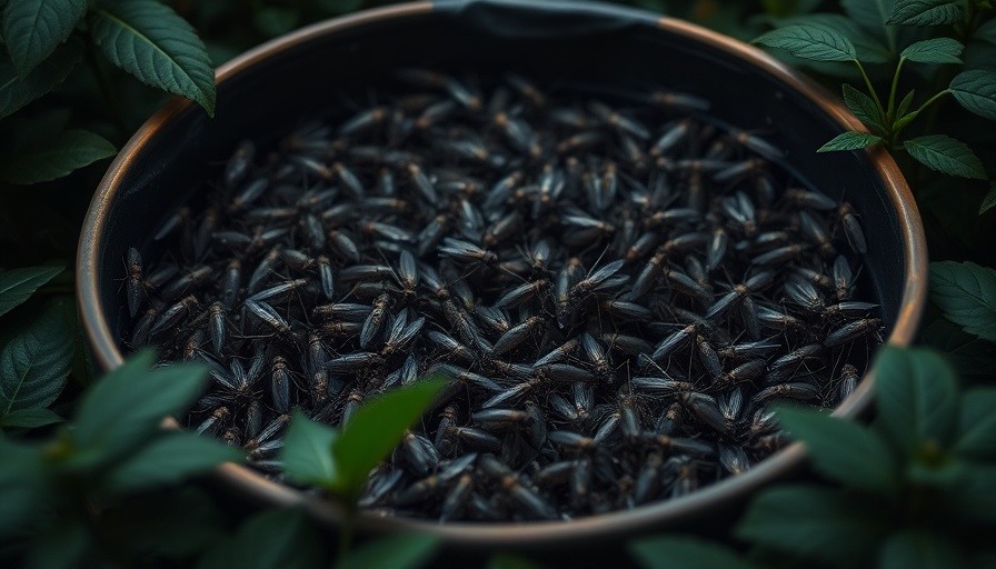 Mosquito bucket of doom surrounded by foliage in dim light.