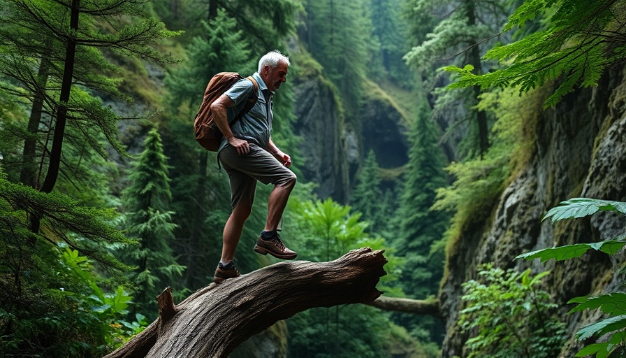 Older hiker carefully balancing on a forest log, symbolizing retirement investments
