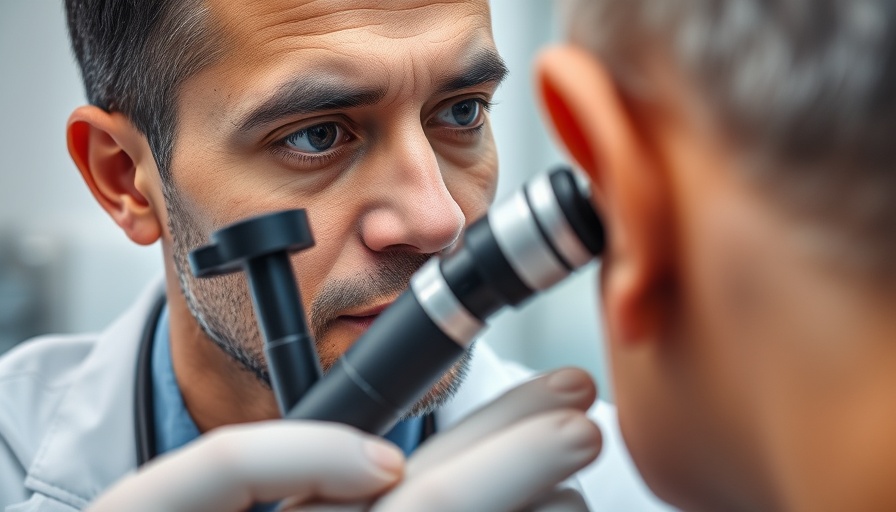 Healthcare professional examining ear for hearing health and social equity.