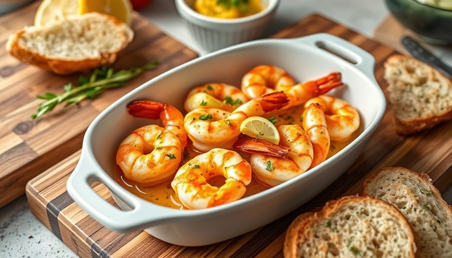 Oven-baked shrimp in garlic butter sauce in a white dish.