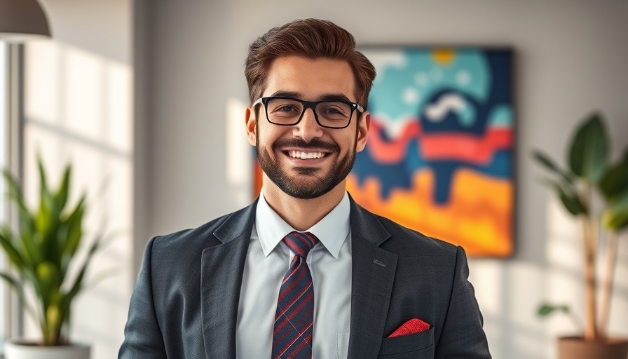 Smiling man in office under abstract painting