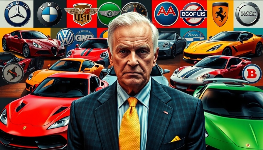 Collage depicting automakers and trade impact with cars and leader.