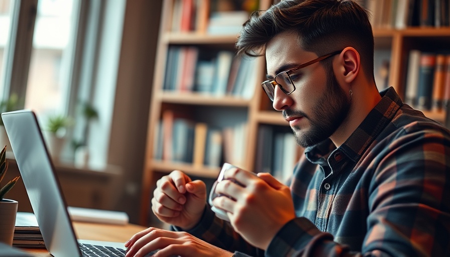 Man contemplating work on laptop with coffee, AI replacing jobs symbolism.