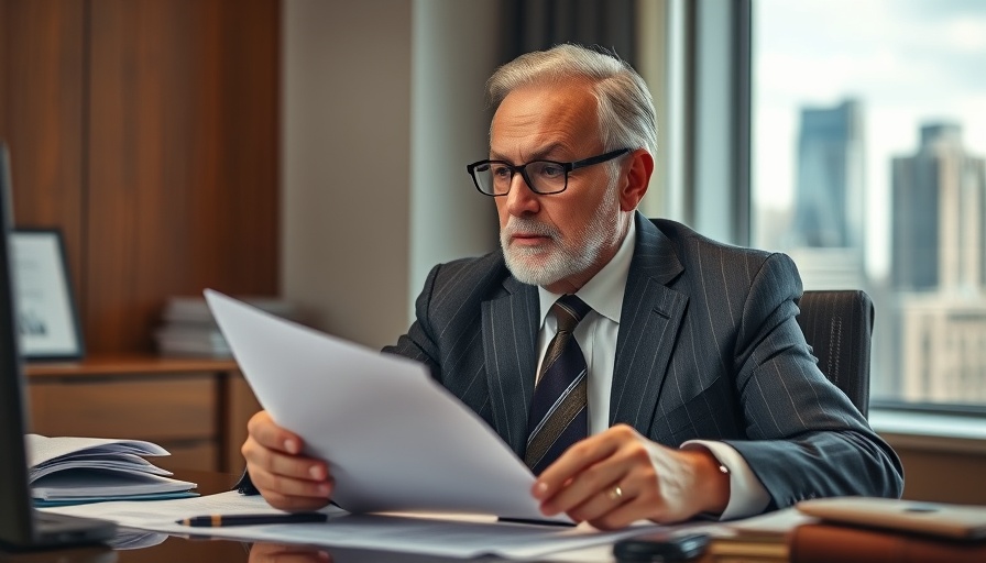 Older man in office with financial documents, focused expression.