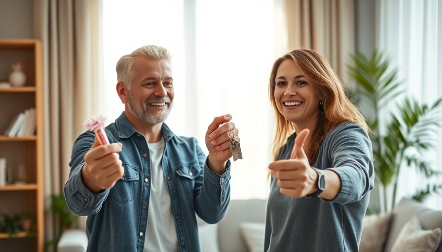 Happy couple celebrating with keys in sunny living room.