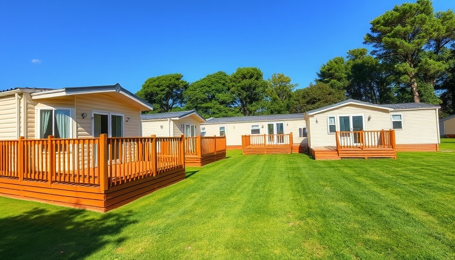 Mobile homes with wooden decks on sunny lawns, ideal for buying.