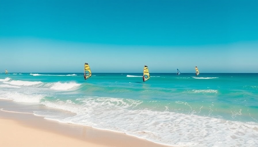 Windsurfers gliding on azure ocean waves under clear sky.