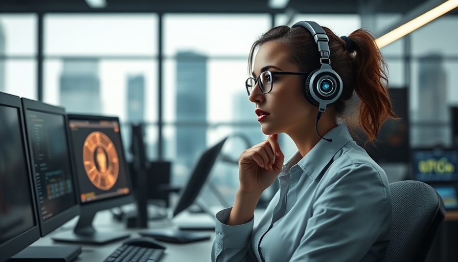 Woman pondering Lovense security flaws in tech-filled office.