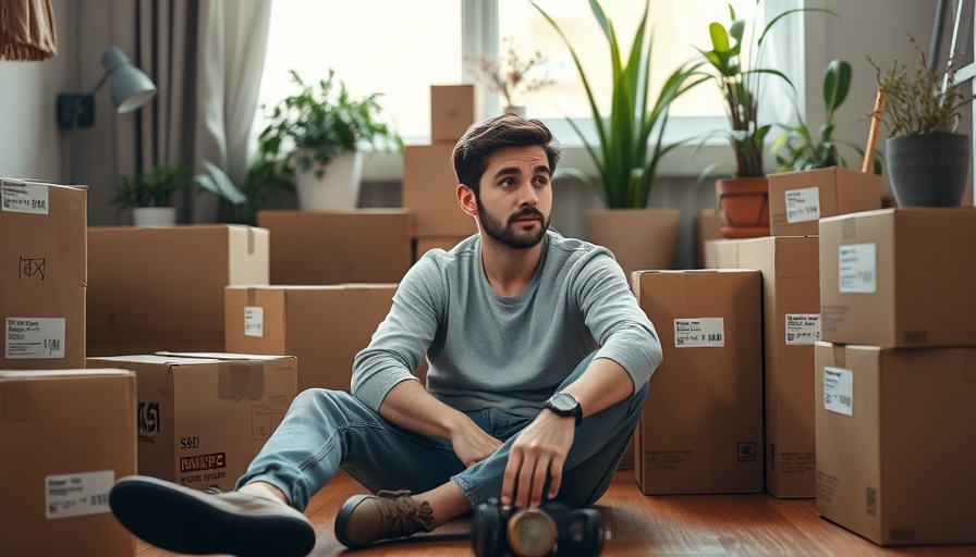 Young man contemplating life transition among moving boxes.