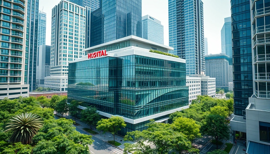 Modern hospital building in urban setting for robotic brain surgery.