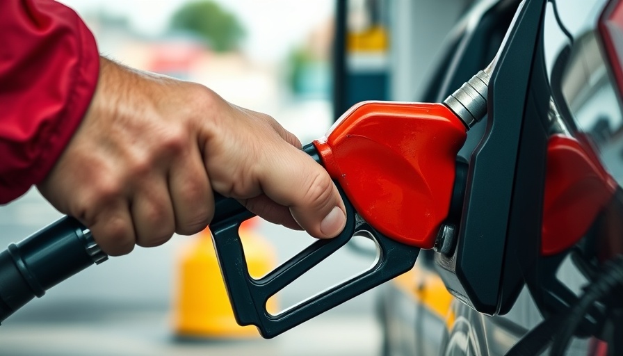 Close-up of a red gasoline nozzle in use at a gas station, New Jersey.