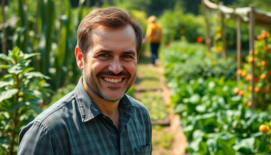 Smiling man in garden with text: '7 Vegetables to plant in August'.