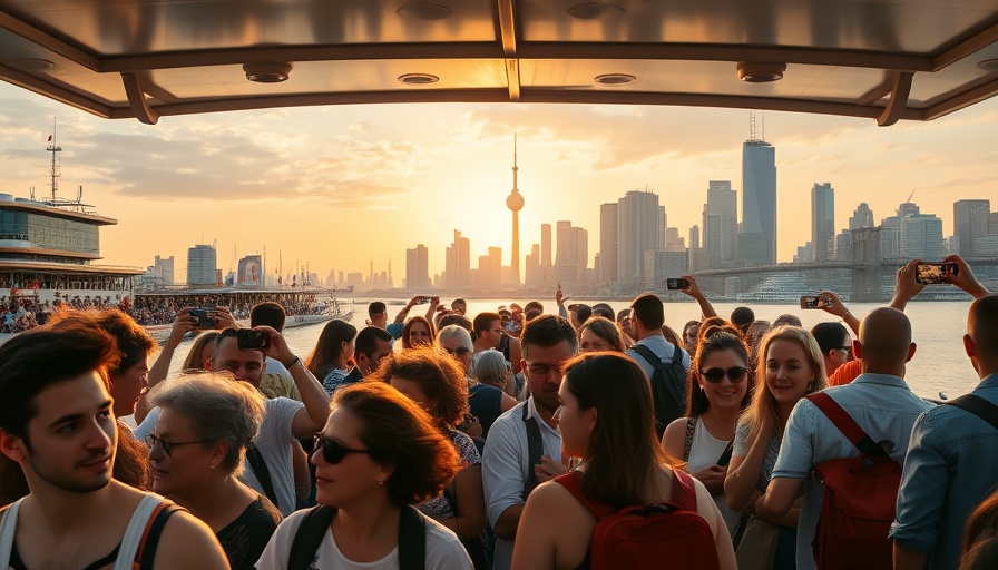 Tourists on a river ferry capturing a sunset cityscape, how to travel.