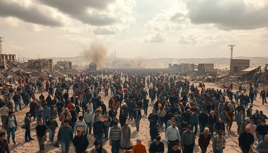 Crowded scene in Gaza landscape urging to end Gaza war.