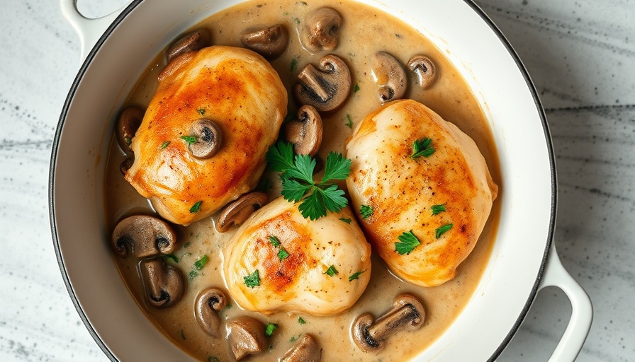 Quick and easy chicken Marsala in a pan with mushroom sauce.