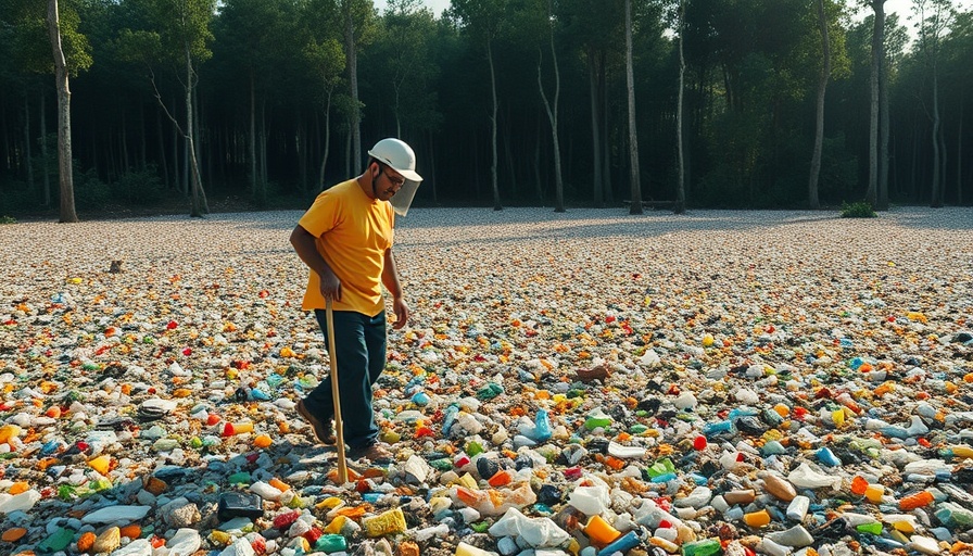 Health risks of plastics: person collecting litter in forest of plastic waste.